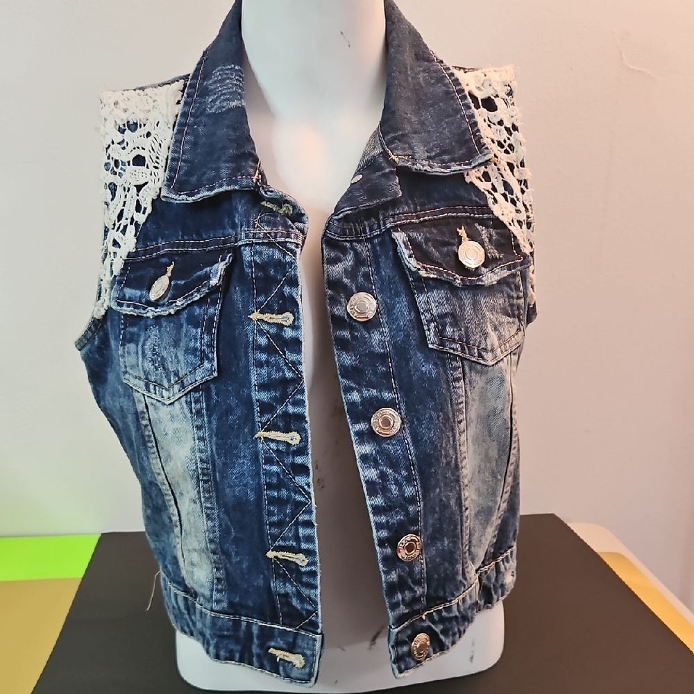 Amethyst Jeans Dark Blue Vest with White Lace Accents